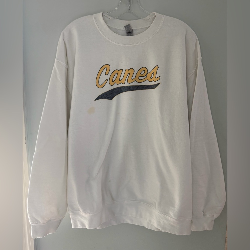 Gildan White Crewneck Sweatshirt with Gold and Black 'Canes' Graphic